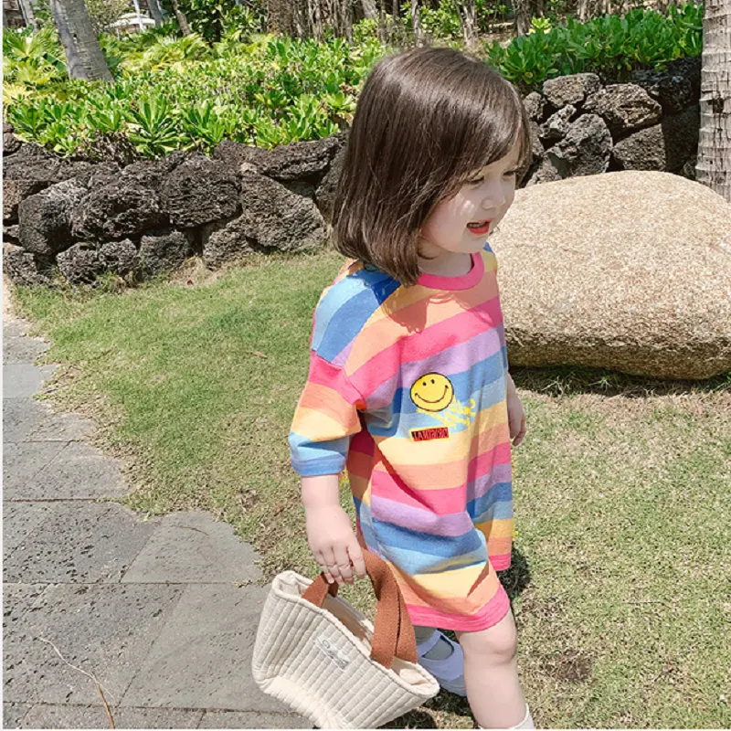 T-shirt Long Rainbow Top Dress for Girls Smile Cotton Sport Style Kids Clothing Half Sleeves Causal Dress Fit 2.3.4.5.6.7.8Years