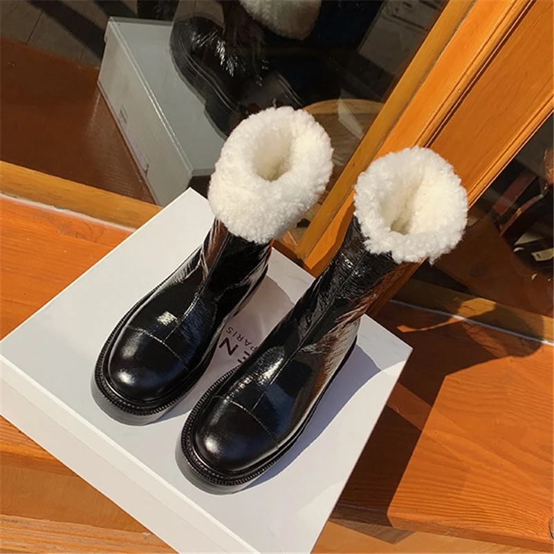 

Meotina Women Shoes Fur Snow Boots Thick Med Heel Platform Mid-Calf Boots Round Toe Fashion Ladies Boots Winter Black 35-40