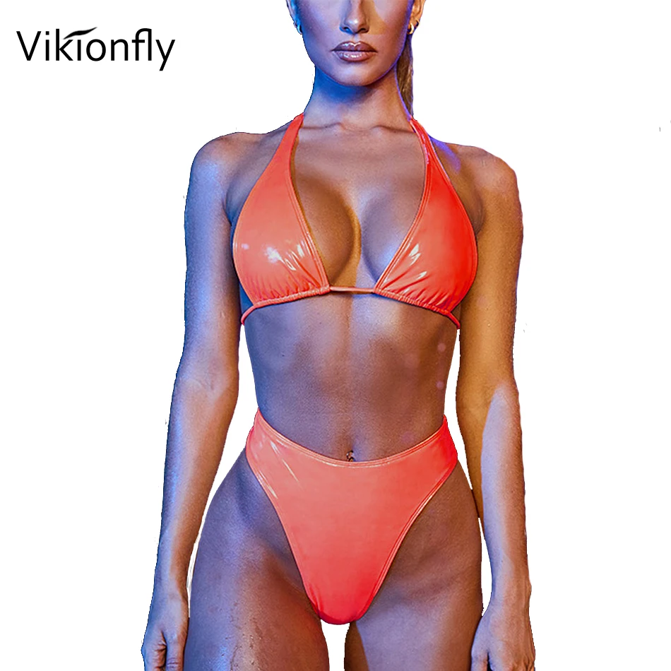 Vikionfly Sexy Glitter High Waist Bikini 2021 Shiny High Leg Brazilian Swimsuit Female Halter Swimwear Ladies Bathing Suit Swim