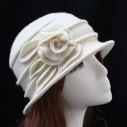 Middle aged Women Fedora Hat Floral Wool Mom Hats Autumn Winter Dome Floppy Warm Cap