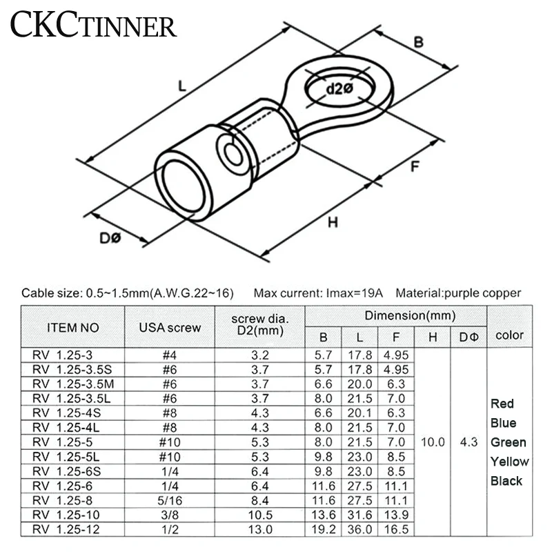 100Pcs A.W.G 22-16 RV Crimp Terminal Insulated Ring Wire Connectors Wiring Terminals Circular Round Cold Press Cable End Connect