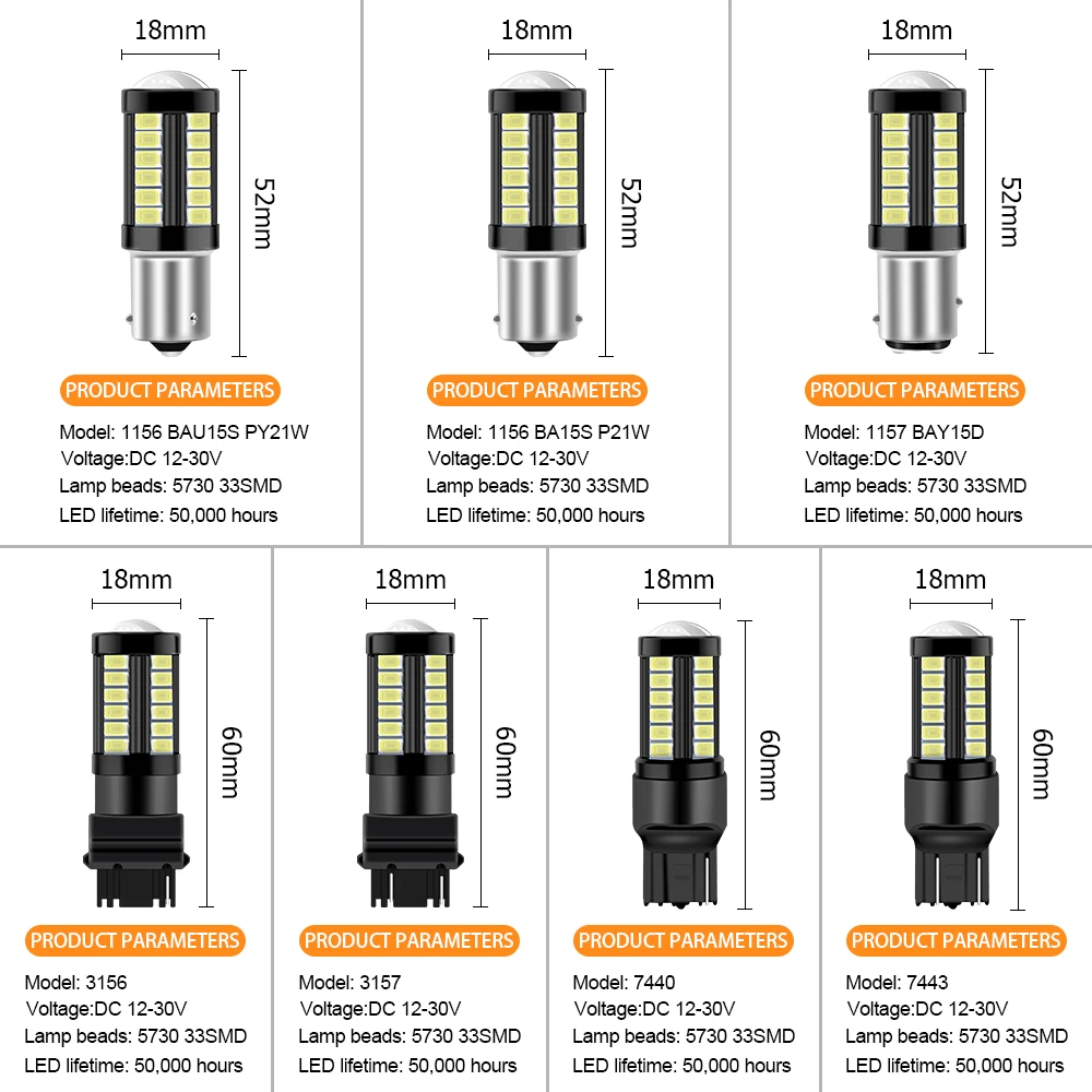2pcs 1156 P21W BA15S 1157 BAY15D 3156 3157 LED 5730 33SMD Car Brake Lights Auto Reverse Bulb Parking Lamp 12V Red White Yellow