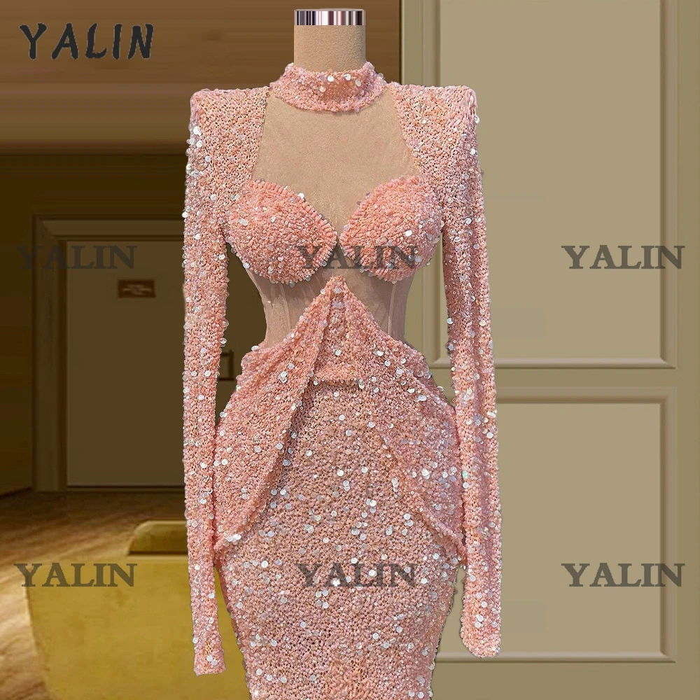 YALIN High Neck Long Sleeve Pink Mermaid Evening Dresses 2022 Elegance Beaded Formal Party Dress For Women Robe De Soiree