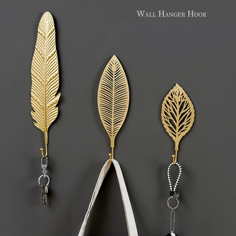 Decorative Leaves Iron Hook Plant Modern Key Holder Wall Mounted Gold Single Prong Coat Hanger for Hallways Living Room