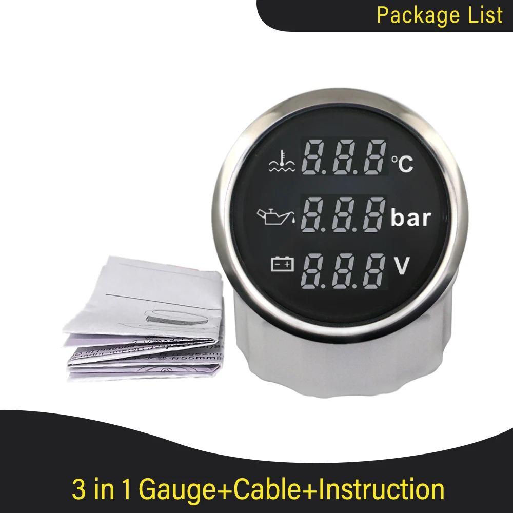 

52mm (2'') 3 in1 Multifunctional Digital Gauge Water Oil Temperature Pressure Fuel Level RPM with Alarm 12V 24V for Auto Truck