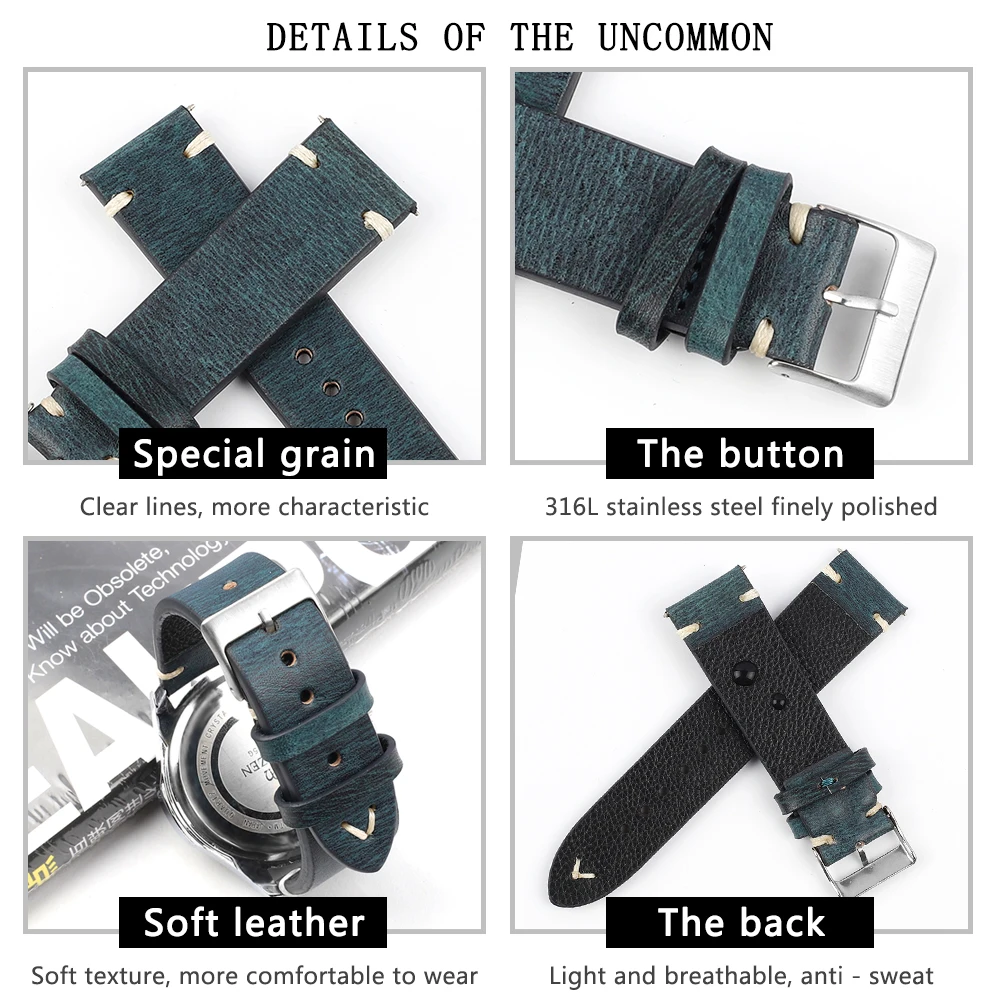 High Quality Retro Genuine Leather Watch Band 18mm 20mm 22mm 24mm Stainless Steel Pin Buckle Watch Strap Band Belts Replacement