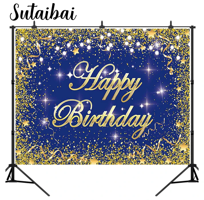 Royal Blue and Gold Happy Birthday Party Backdrop 30th 40th 50th Milestone Photography Background Bday Event Decorations