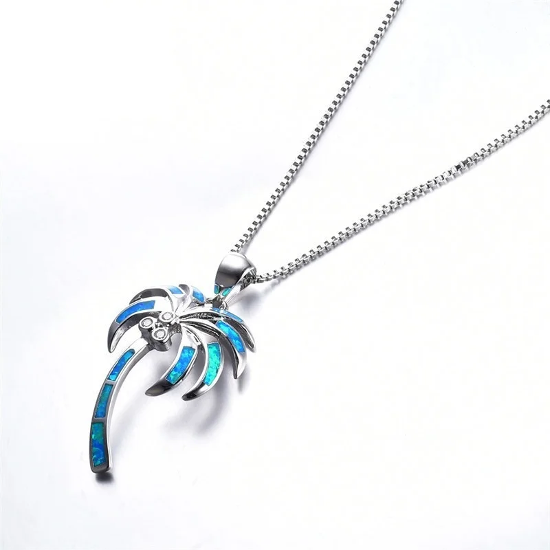 Fashion Women Pendant Coconut Palm Tree Shape Fire Opal Necklace Classic Chain Girl Jewelry Accessories