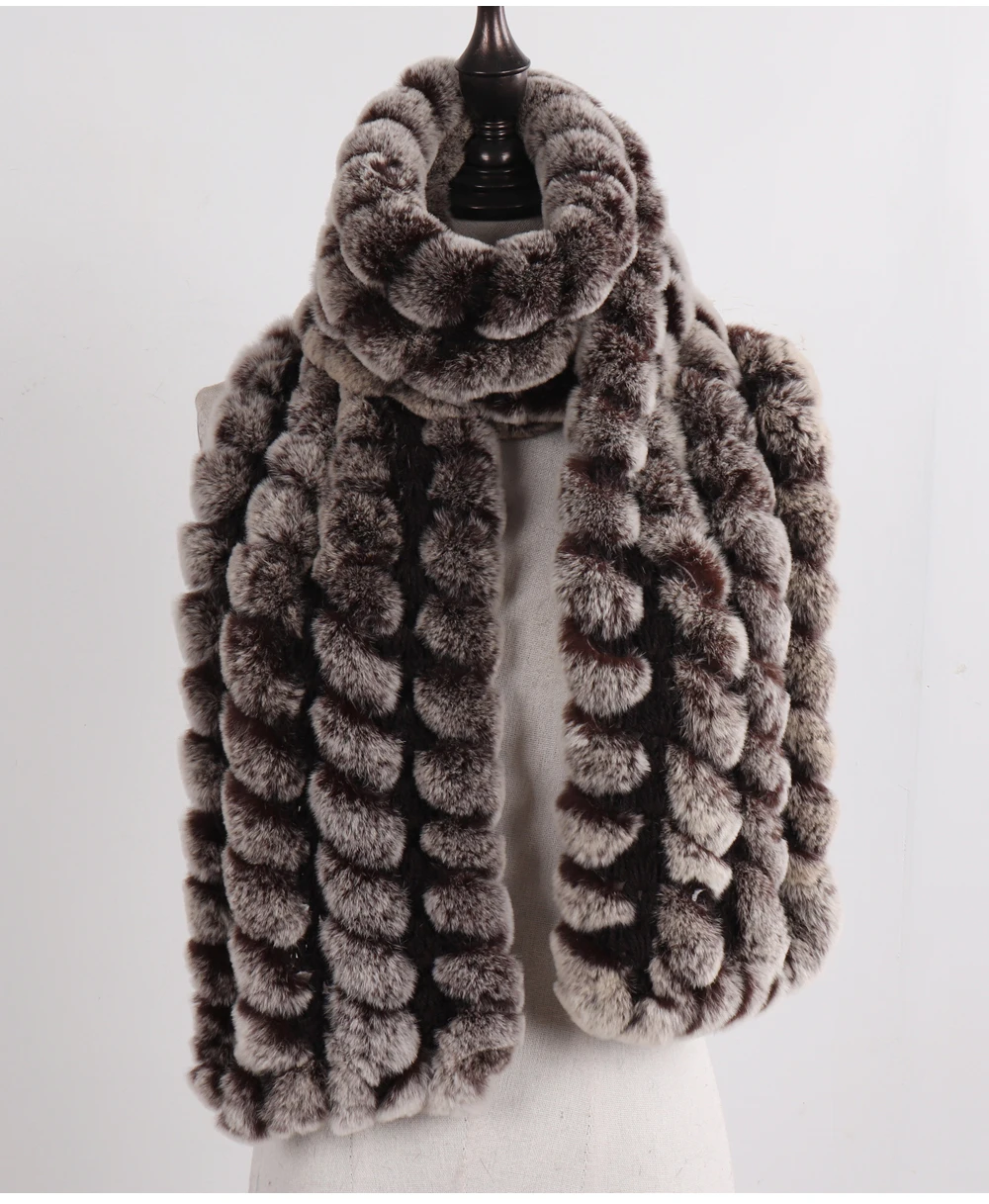 Neue Marke Gestrickter Modischer Damen Echt Rex Kaninchenfell Schal Frauen Winter Warmer Natürlicher Pelzschal Langer Stil Echter Pelz Halswärmer – Detail 8