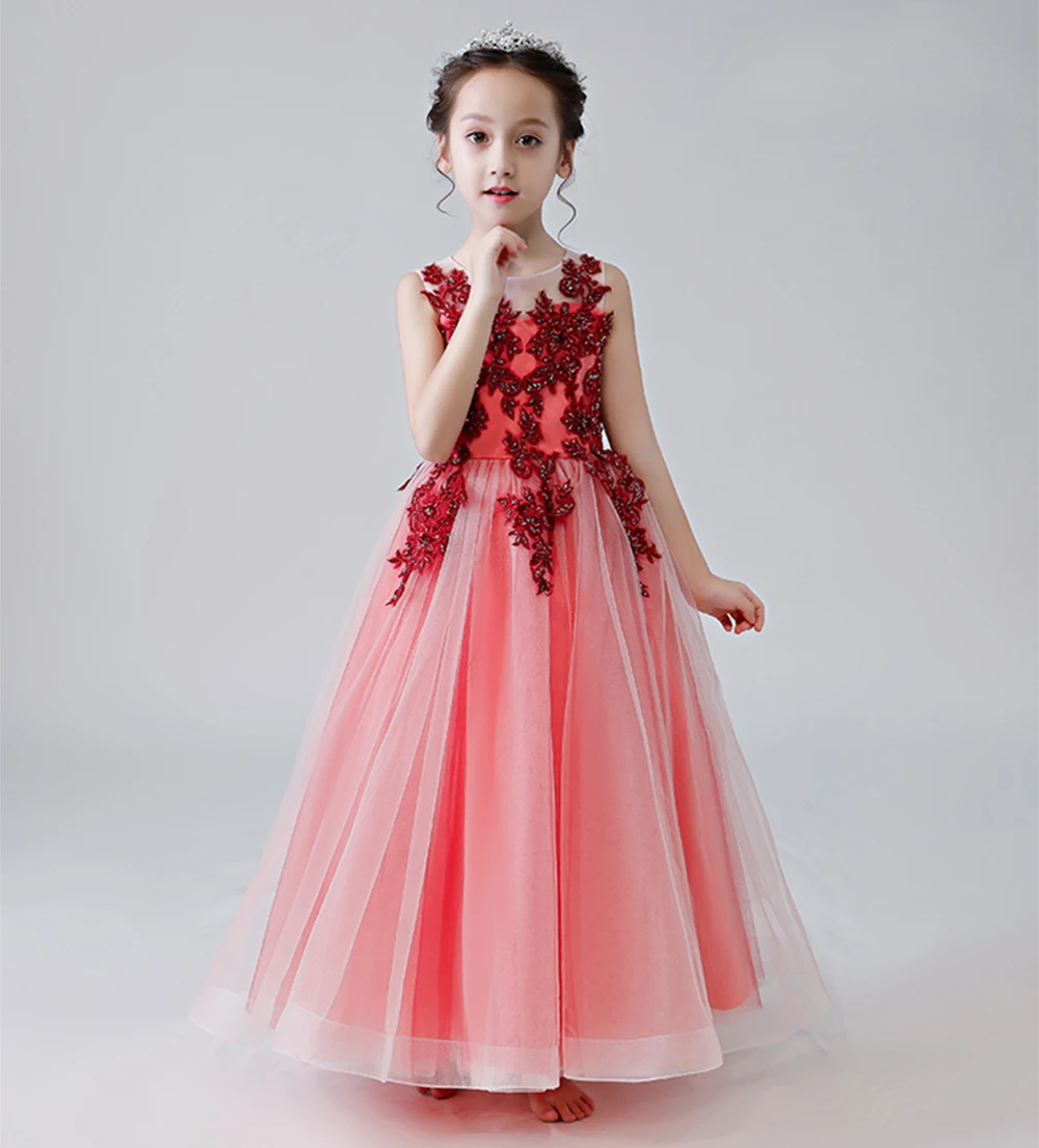 Rode Tule Bloem Meisje Jurken Lace Applique Mouwloze Kids Birthday Party Pageant Jurken Eerste Communie Elegante Jurken