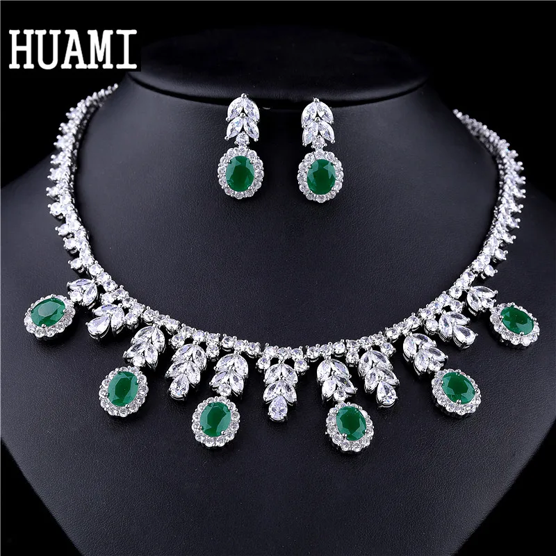 HUAMI Luxury Jewelry Women Bridal Wedding Costume Elegant Girl Trendy Green Color Water Drop Earring Pendant Necklace Set Gift