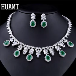 HUAMI Luxury Jewelry Women Bridal Wedding Costume Elegant Girl Trendy Green Color Water Drop Earring Pendant Necklace Set Gift