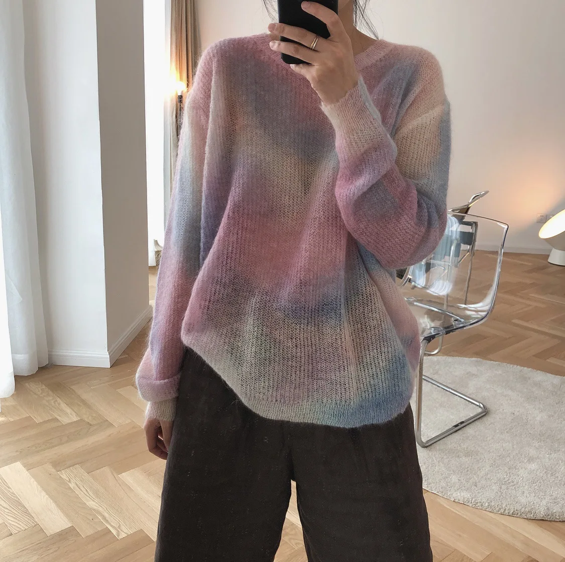 2021 Thin Mohair Sweater Women Loose Casual Pullovers Women Sweater Sweet Elegant Sweater Casual Pull Femme Perspective Tops