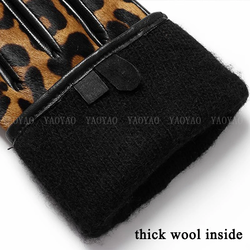 YY5388 Novelty Women Leopard Print Genuine Leather Gloves Ladies Short Winter Wool Lined Thick Luvas Botton Warm Guantes Mujer