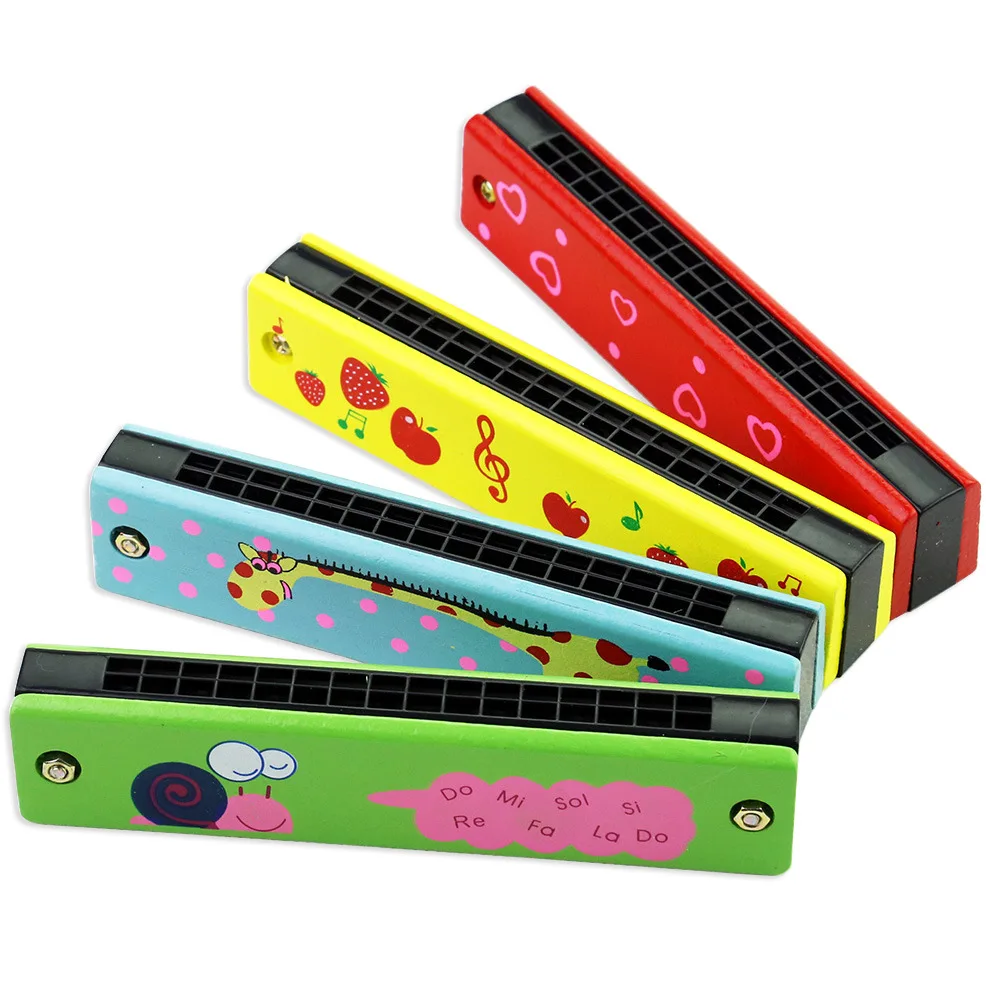 Armónica de madera con 16 agujeros para niños, armónica soplable de doble fila, bonito patrón de dibujos animados, juguetes educativos musicales para principiantes