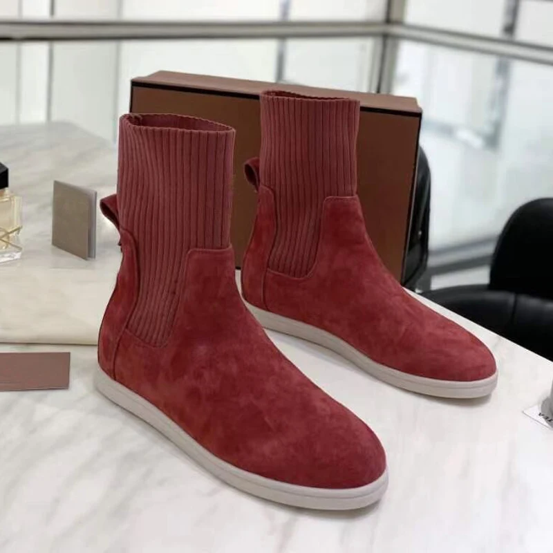 New High top Brand Ankle boots for Woman Suede Leather Elastic Knitted Slip-on Casual Short Boots Runway flat Shoes Woman