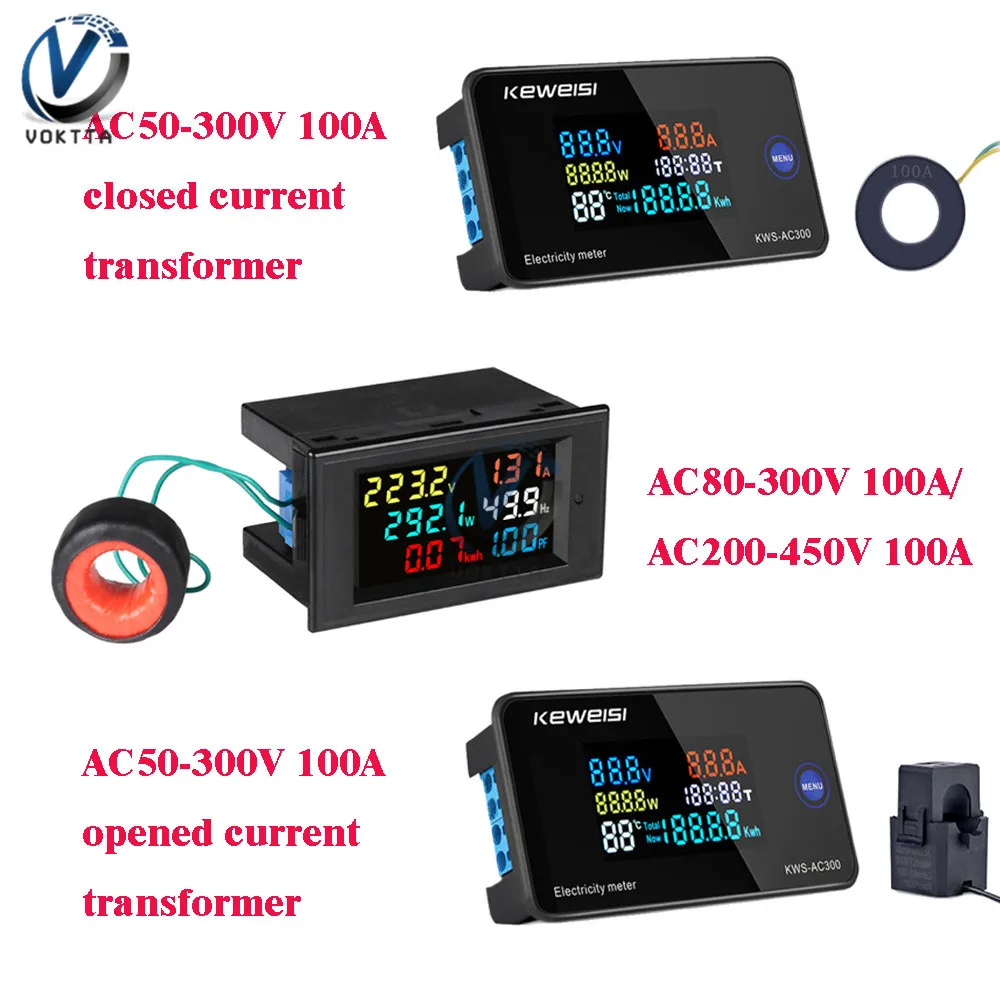 AC 50-300V 10A 100A LCD Digital Panel Wattmeter Energy Power Meter Voltage Voltmeter Current Ammeter Frequency Indicator 450V