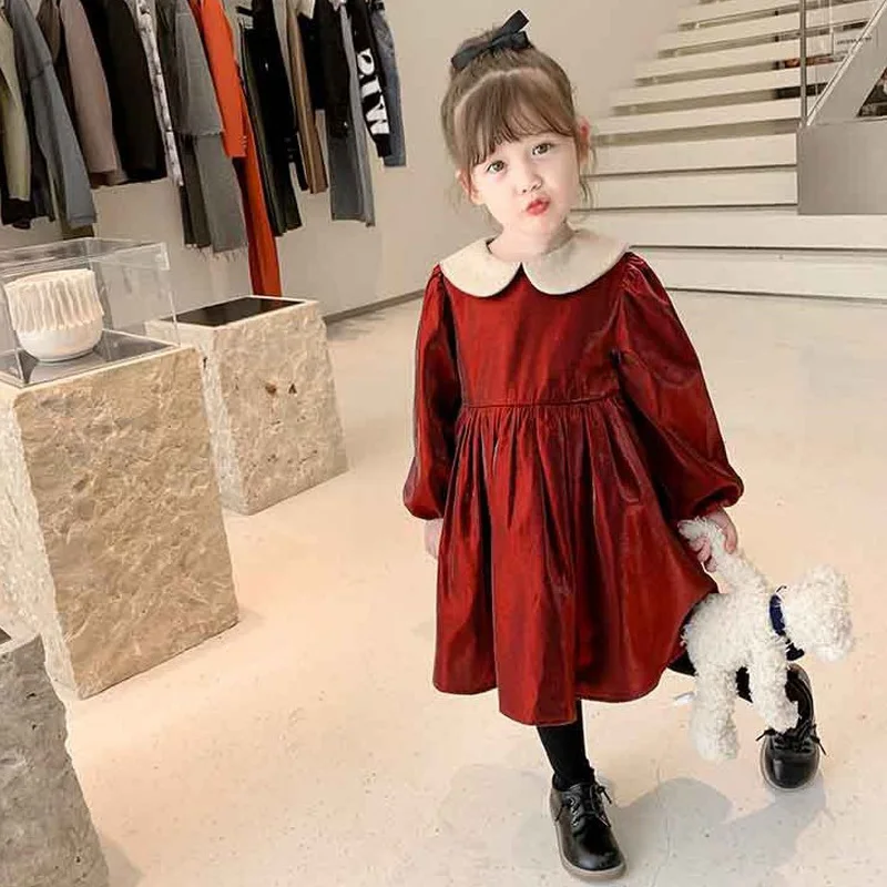 Baby Girl Princess Velvet Vintage Dress Long Sleeve Toddler Girl Vestido Collar Xmas Party Ball Birthday Baby Clothes 1-7Y