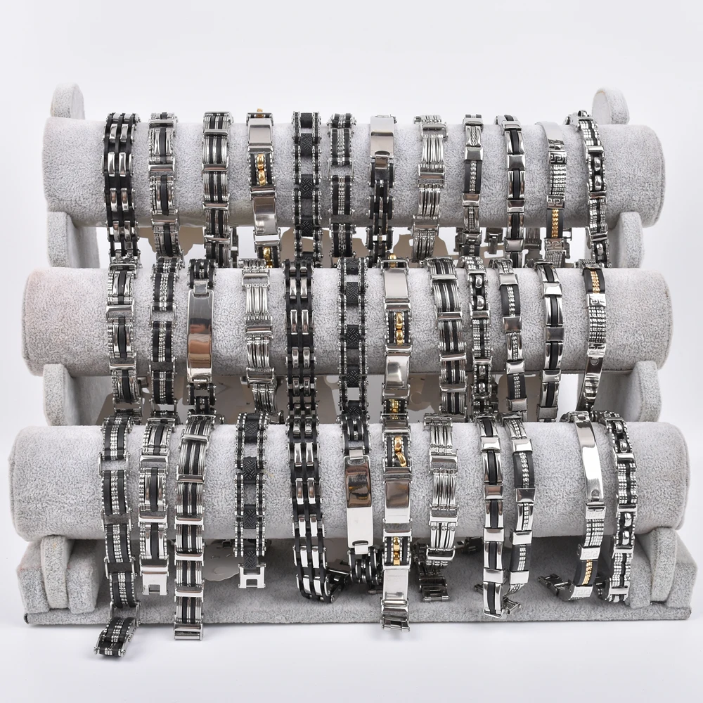 12pcs/lot Fashion Stainless Steel Silver Color Bracelets Bangles For Men Mix Style Party Gifts Jewelry Wholesale