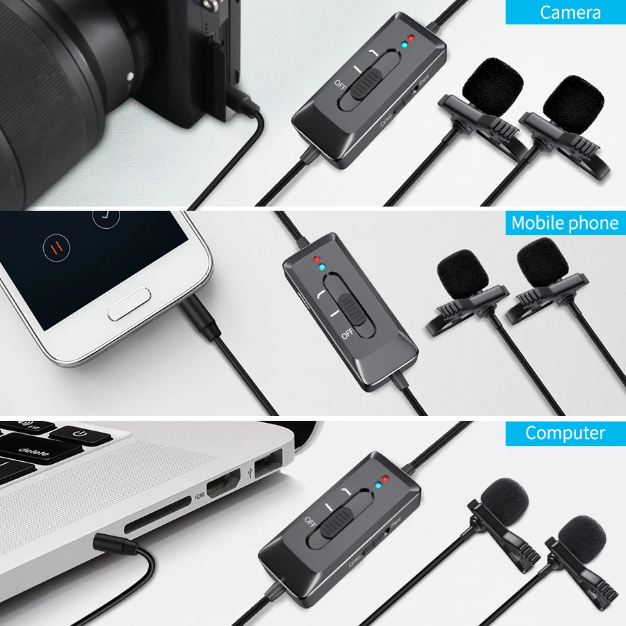 MAMEN – Microphone Lavalier avec Double tête, 3.5mm, pour enregistrement, caméra vidéo, pour Smartphone DSLR Vlog, enregistrement Youtube