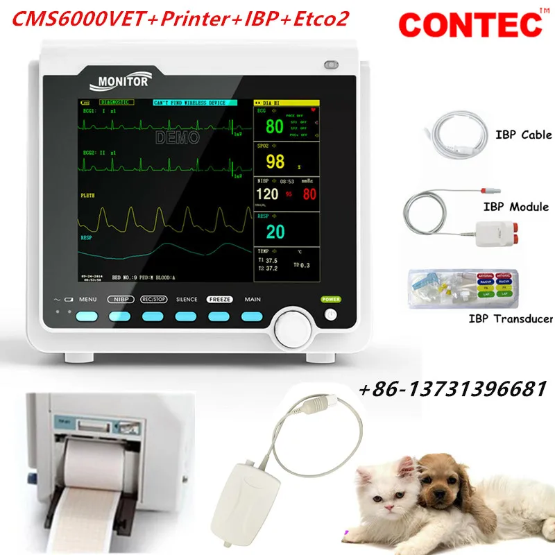 CONTEC 카프노그래프 Etco2 수의과 수의사 활력 신호 환자 모니터, IBP 포함 열 프린터 포함, 다중 파라미터