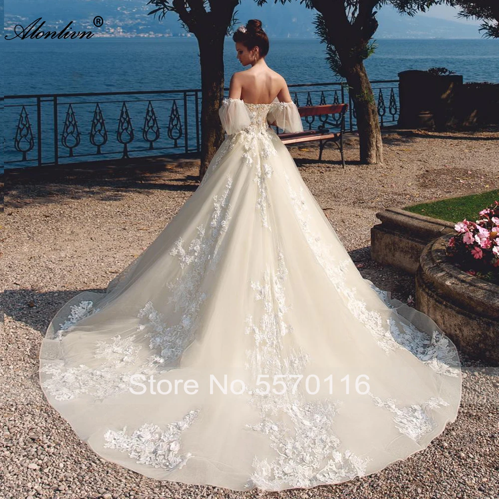 Alonlivn Personalizza Perline di lusso Stampe floreali 3D Abiti da sposa a-line Sweetheart Maniche a sbuffo Abiti da sposa delicati