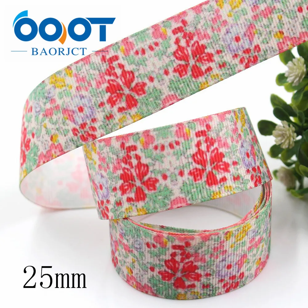 OOOT BAORJCT I-191214-2762,25mm,10yards Spring flowers Thermal transfer Printed grosgrain Ribbons,bow cap DIY accessories