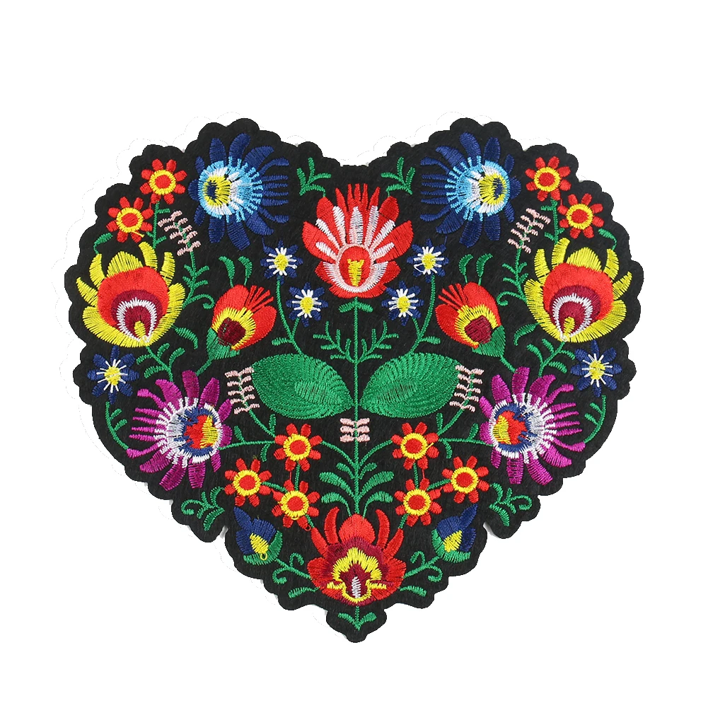 2PCS Large Heart Flower Patch 3D Embroidery Applique Iron on Patches for Clothing Accessories Ethnic DIY Apparel Sewing Supplies