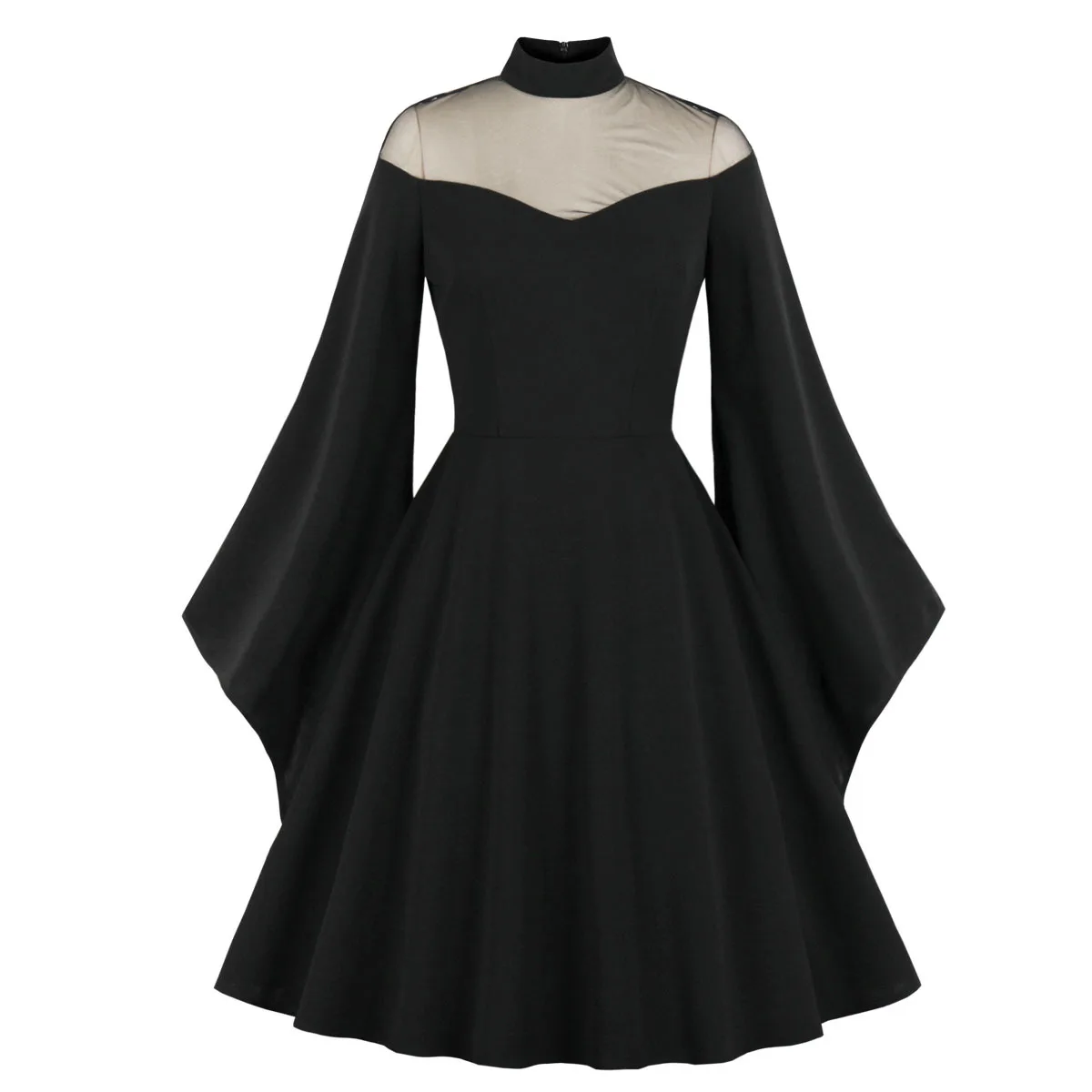 Women Gothic Black Dress Medieval Retro Queen Princess Party Halloween Evening Robe Flare Sleeve Swing Cosplay Costume Dresses