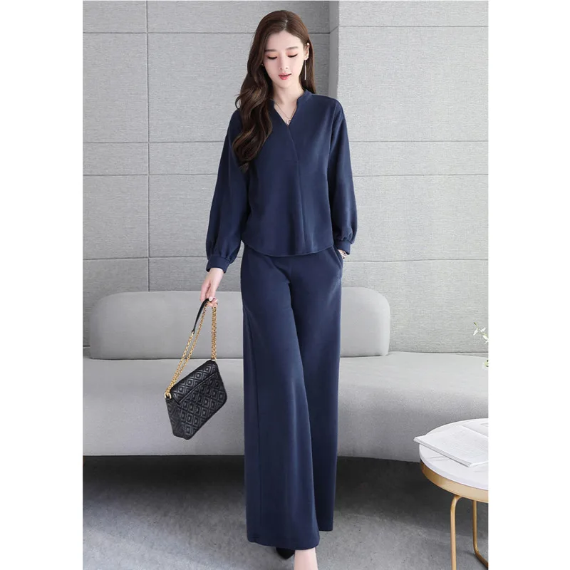 Frauen Anzüge 2021 Frühling Herbst Neue Mode Koreanischen Stil Lose Tops Breite Bein Hose Zwei Stück Set Frauen Plus größe Kleidung Damen