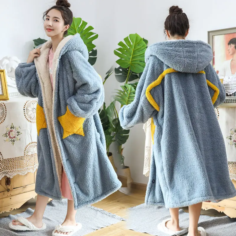 Flannel Women Hooded Kimono Robe Gown Winter Warm Bathrobe With Belt Thicken Sleepwear Star Intimate Lingerie Thicken Nightwear