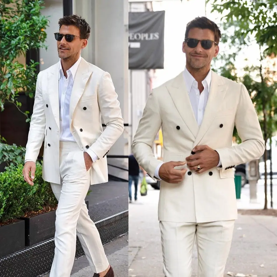 Off White Mens 2 Piece Suits Classic Peaky Blinder Suit Slim Fit Vintage Suit Business Jacket Pants Custom Wedding Tuxedos