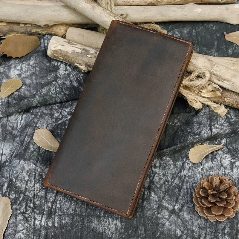 Men\'s Crazy Horse Leather Long Wallet Brown Cow Leather Bifold Wallet With Phone Pocket Cowhide Long Leather Purse Card Case