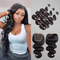 Mèches Body Wave brésiliennes 100% naturelles, Extension capillaire, Double épaisseur, avec Lace Closure