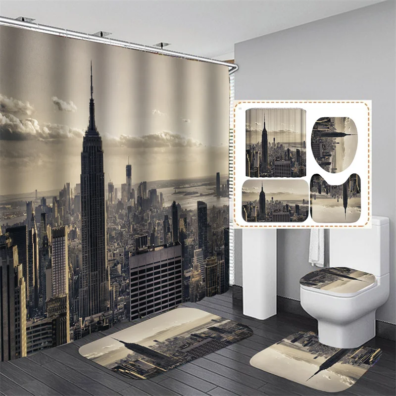 City View Bathroom Shower Curtain Waterproof Set Floor Mat Toilet Cover Bathroom Decoration Set De Cortinas  Para El Baño