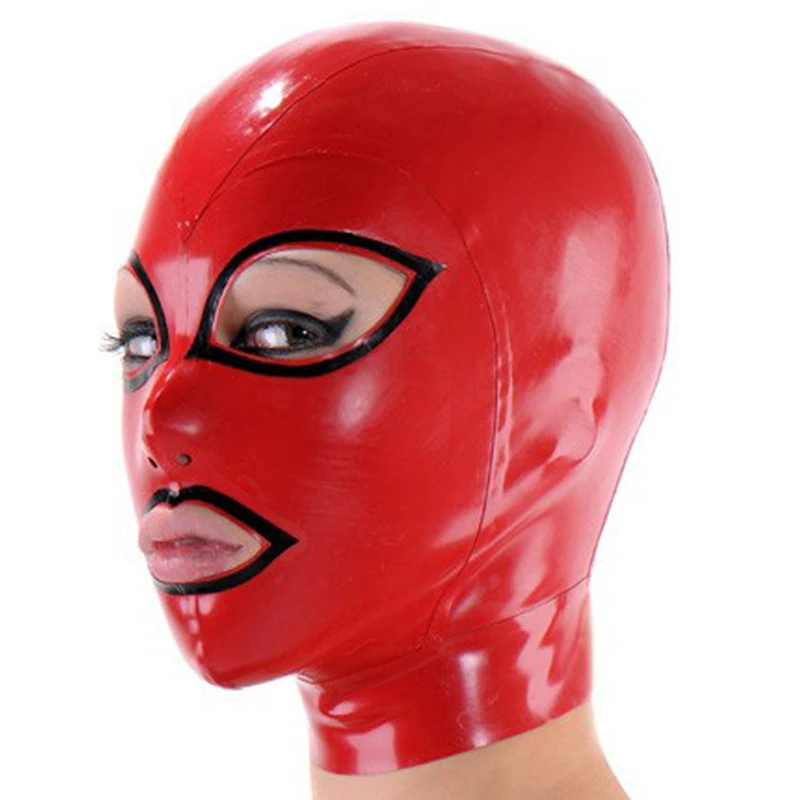 

Women Men Latex Mask Red And Black Trims Rubber Hood With Back Zipper Dropshopping RLM011