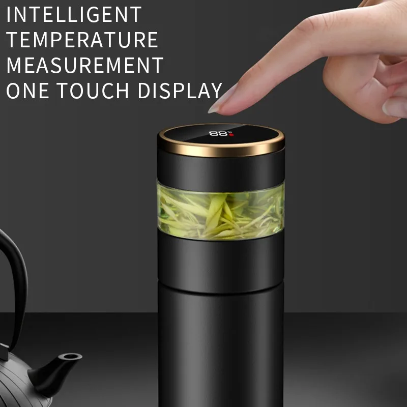 Stainless steel intelligent vacuum cup temperature LED display tea cup with glass partition tea and water vacuum bottle