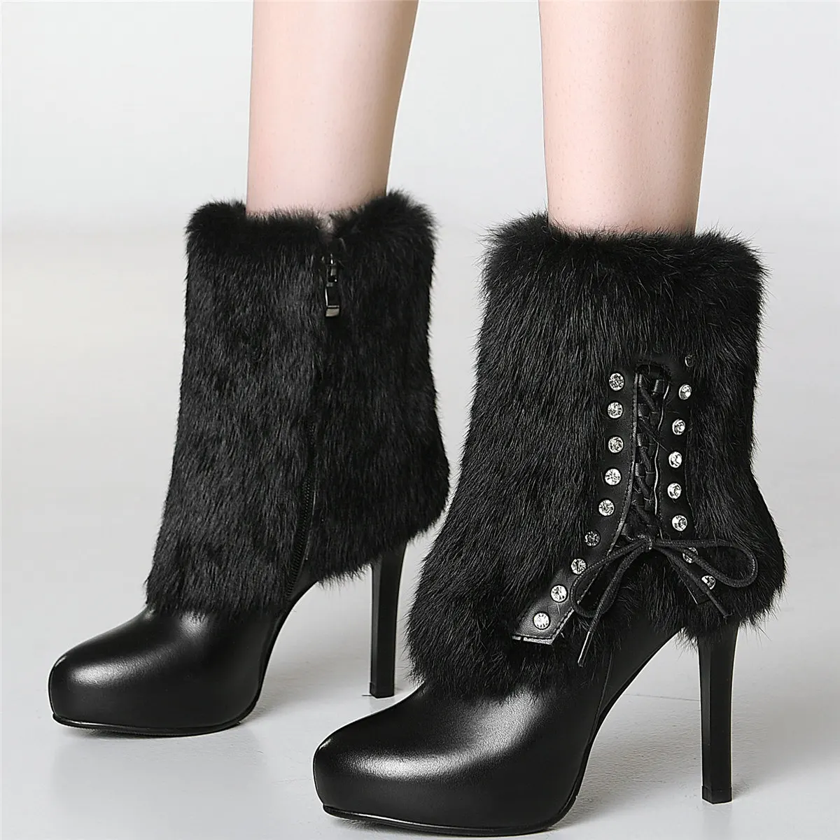 2022 Winter Warm Rabbit Fur Shoes Women Genuine Leather Slim High Heel Platform Pumps Shoes Female High Top Round Toe Snow Boots