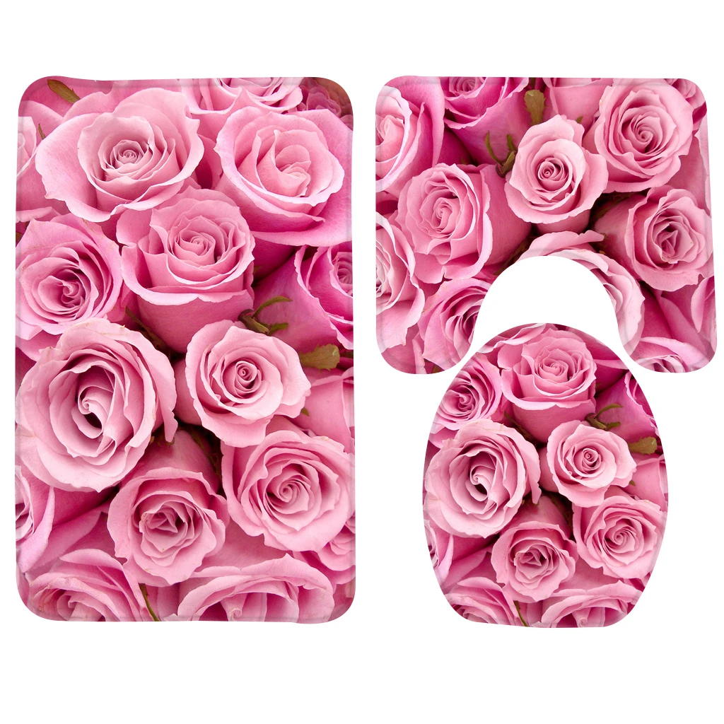 

3pcs Bathroom Mat Set Pink Roses Pattern Bath Mat Anti Slip Shower Mat and Toilet Mat Bathroom Products