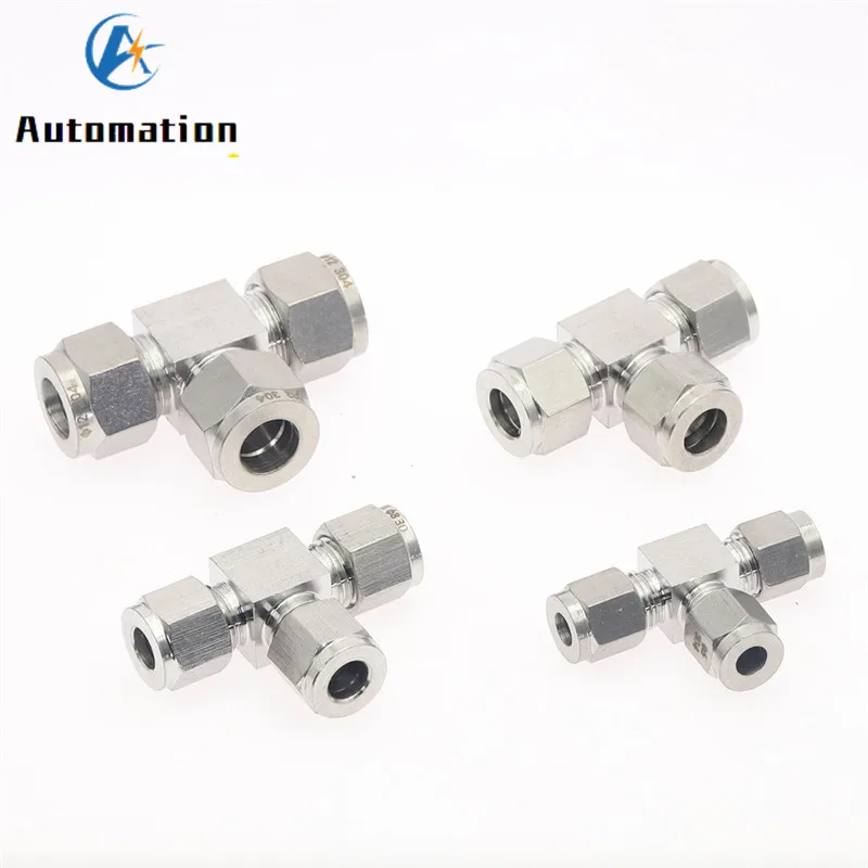 3 4 6 8 10 12mm 1/8 1/4 3/8 1/2 Pipe OD Tee 3 Way Double Ferrule Tube Fittings T-Type 304 SS Stainless Steel Pipe Connector