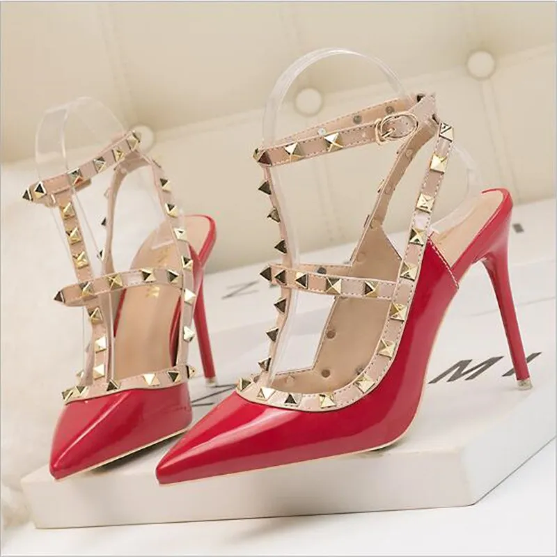 

2021 High Heels Rivets Shoes Fashion Buckle Studded Stiletto Sandals Summer Shoes Women Pumps Sexy Point Toe Ladies Dress Shoes