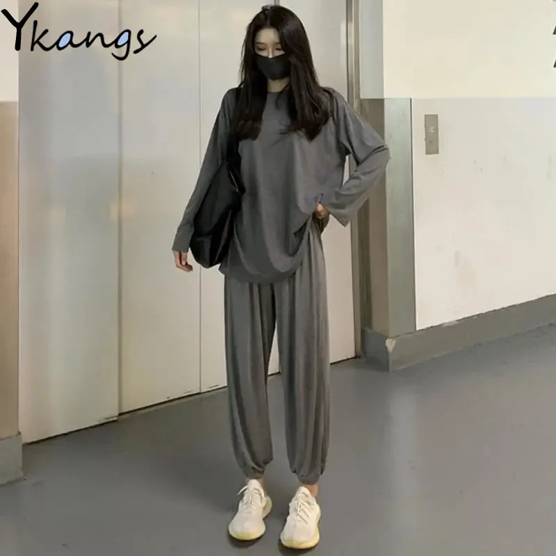 New Gray Loose Long-sleeved Ladies Blouse Long Home Casual Breathable Sweatpants Korean Campus Style All-match Sports Suit Women