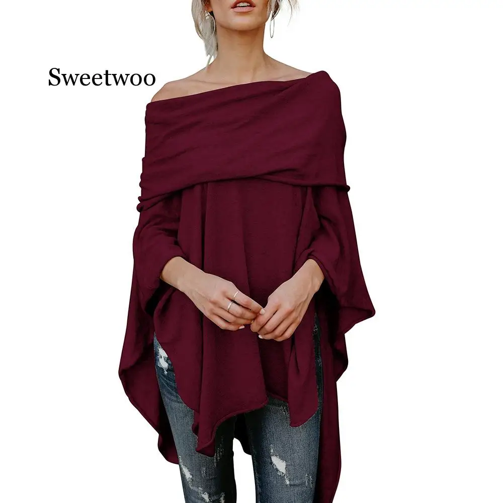 

Spring Autumn Asymmetric Sweater Women Poncho Pullover Sweater Asymmetric Overlay Solid Clothing Ladies Casual Fall Tops