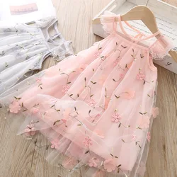 Girls Dresses Girls 2022 Summer Embroidered Floral Mesh Princess Dress Birthday Party Dress Kids Dresses for Girls