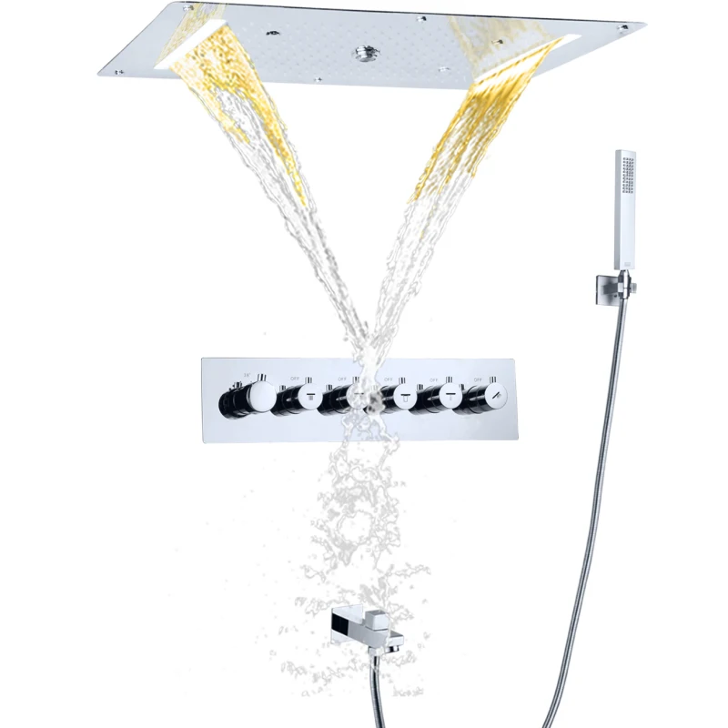 Chrome Polished Thermostatic  Shower Mixer 700X380 MM LED Bathroom Waterfall Spray Bubble Rain Bath Shower