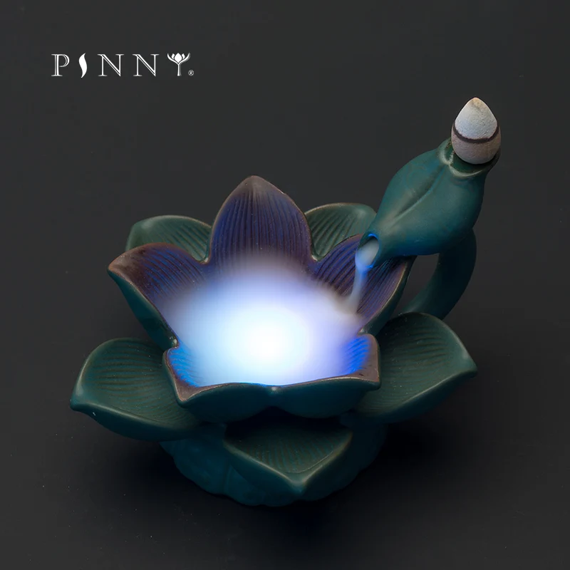 PINNY Electronic LED Lotus Incense Burner Ceramic Backflow Incense Holder Tea Ceremony Accessories Sandalwood Incense Censer