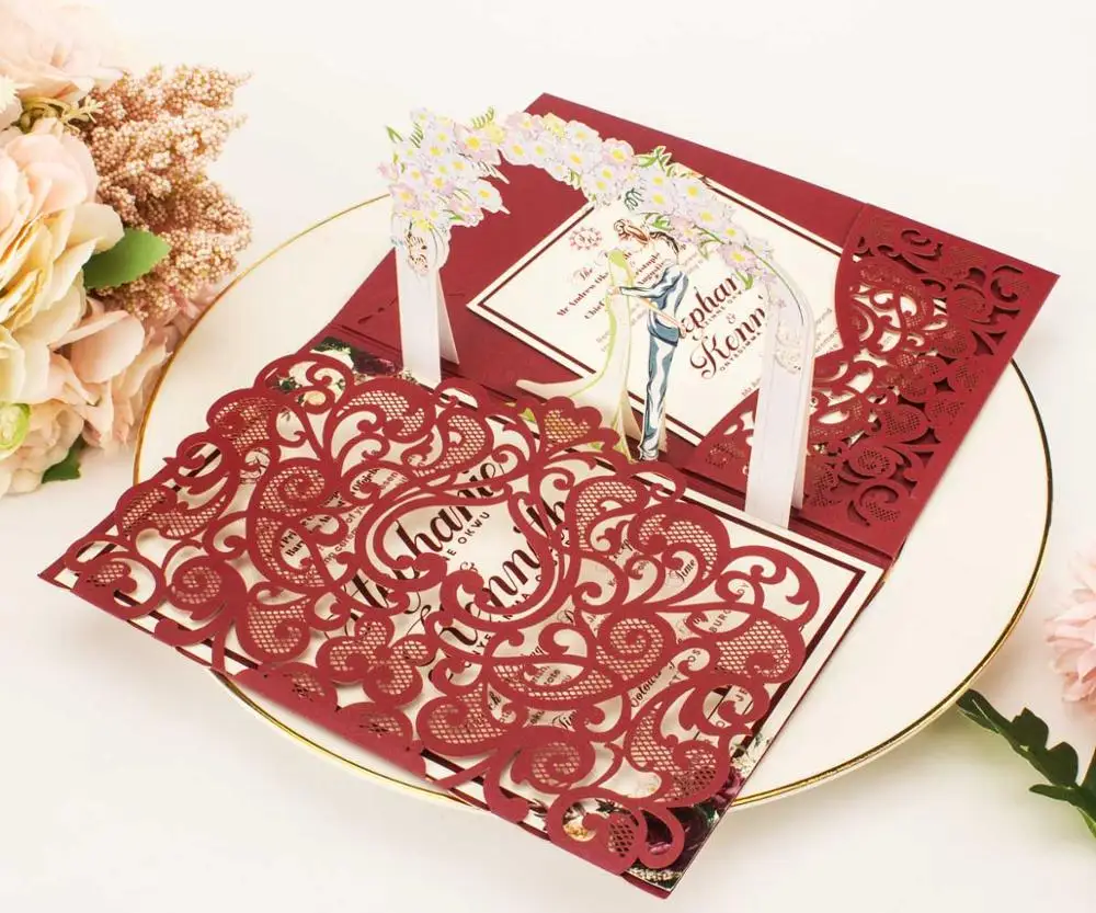 Free Shipping 1x 3D POP UP Card gold gray tri 3 Fold Pocket Wedding Invitation Card Laser cut Invite Greeting card with envelope