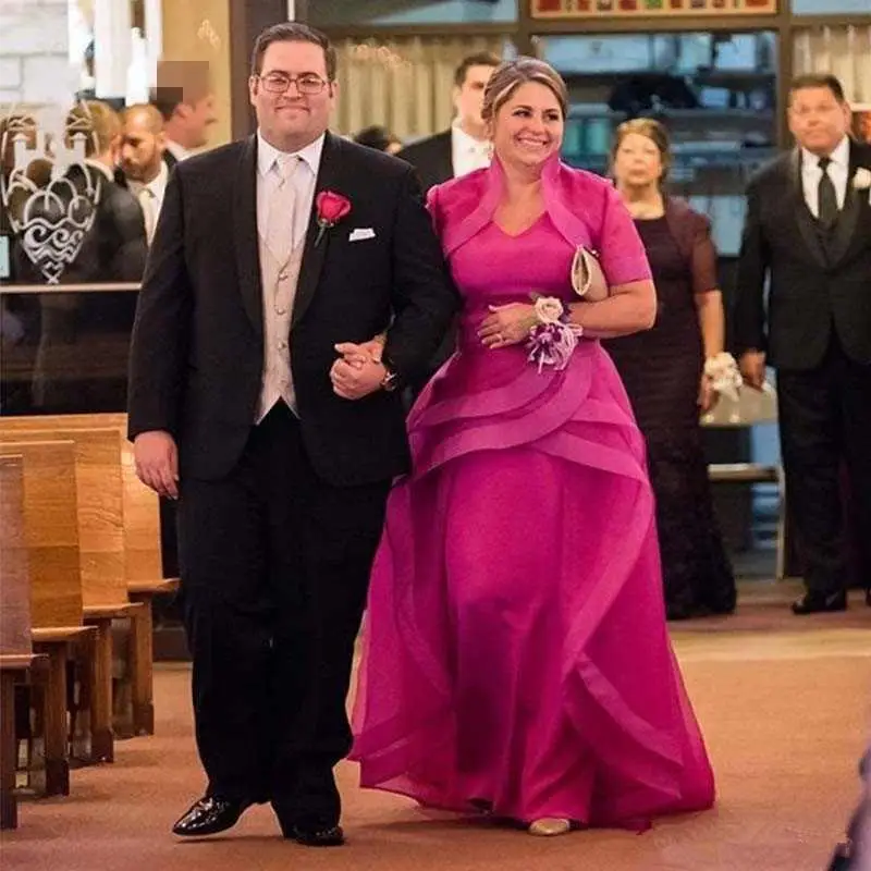 

Fuchsia Mother Of The Bride groom Dresses With Jacket Tiers Skirt Plus Size Ruffles peplum formal party wedding guest gown