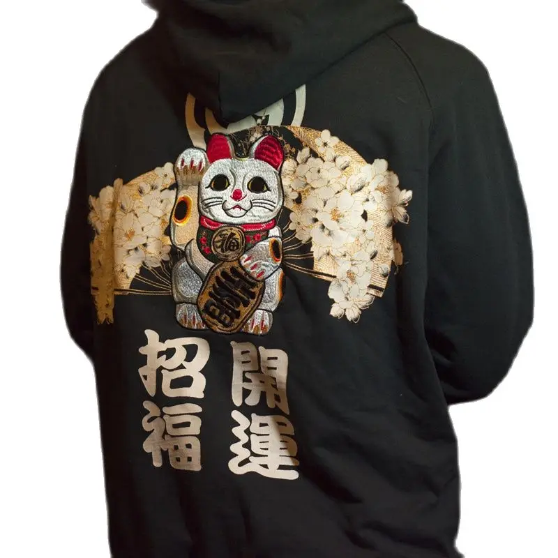 Men Boys Fortune Cat Embroidery Pullover Oversize Hoodies Casual High Street Hip Hop Loose All-Match Fashion Cotton Japan Style