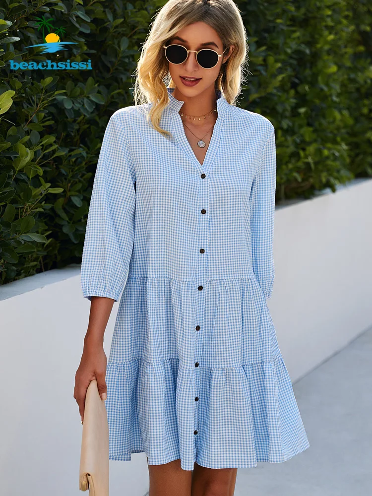 Beachsissi Women's Light Blue Plaid Dress Button Up Casual Sundress Ruffled Hem Mini Dresses Summer Fashion 2 Colors